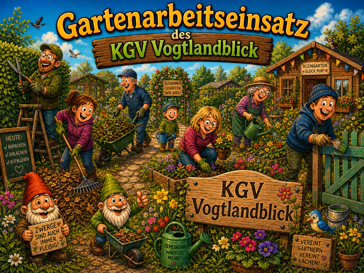 Fröhliche Gartenarbeitsszene bei einem Einsatz des KGV Vogtlandblick: Mitglieder arbeiten zusammen, um die Kleingartenanlage zu pflegen. Zu sehen sind Erwachsene und Kinder, die Laub sammeln, Blumen pflanzen und Hecken schneiden. Gartenzwerge tragen ein Schild mit „ZWERGE SIND AUCH IMMER FLEIßIG!“. Im Hintergrund steht eine Gartenlaube, und im Vordergrund ein Holzschild mit „KGV Vogtlandblick“.