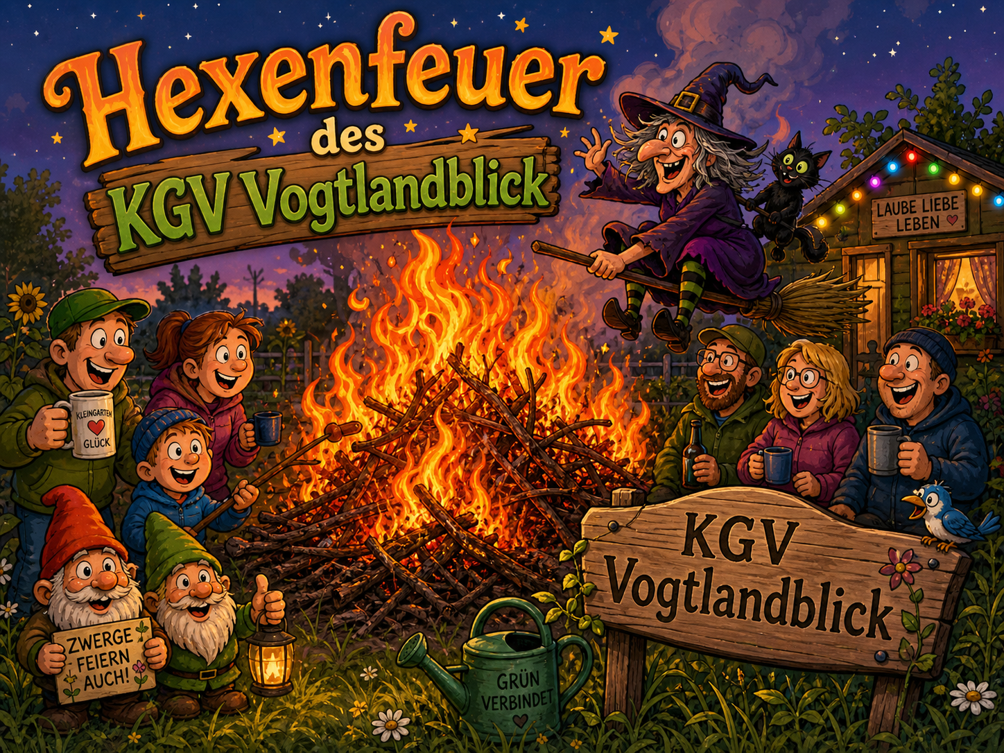 Feuer, das sich über einen Haufen von Ästen und Holz erstreckt, mit lebhaften orange- und roten Flammen im Vordergrund. Im Hintergrund ist ein beschädigtes Gebäude zu sehen, während das Gras im Vordergrund unversehrt bleibt.